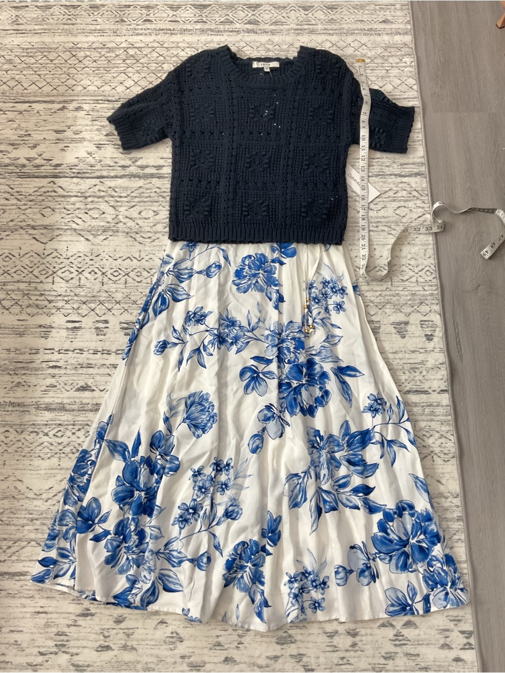 Calvin Klein Floral Dress + Joie Navy Knit Top Coastal Vacation Resort Designer